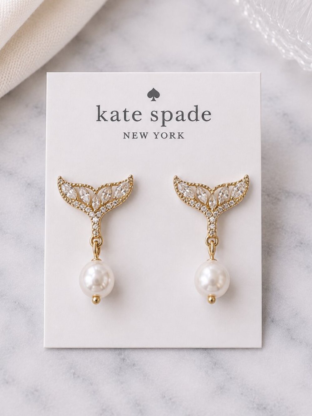 Kate Spade Mermaid Tail Pearl Drop Earrings Gold Crystal Ocean Earrings 🧜♀️✨